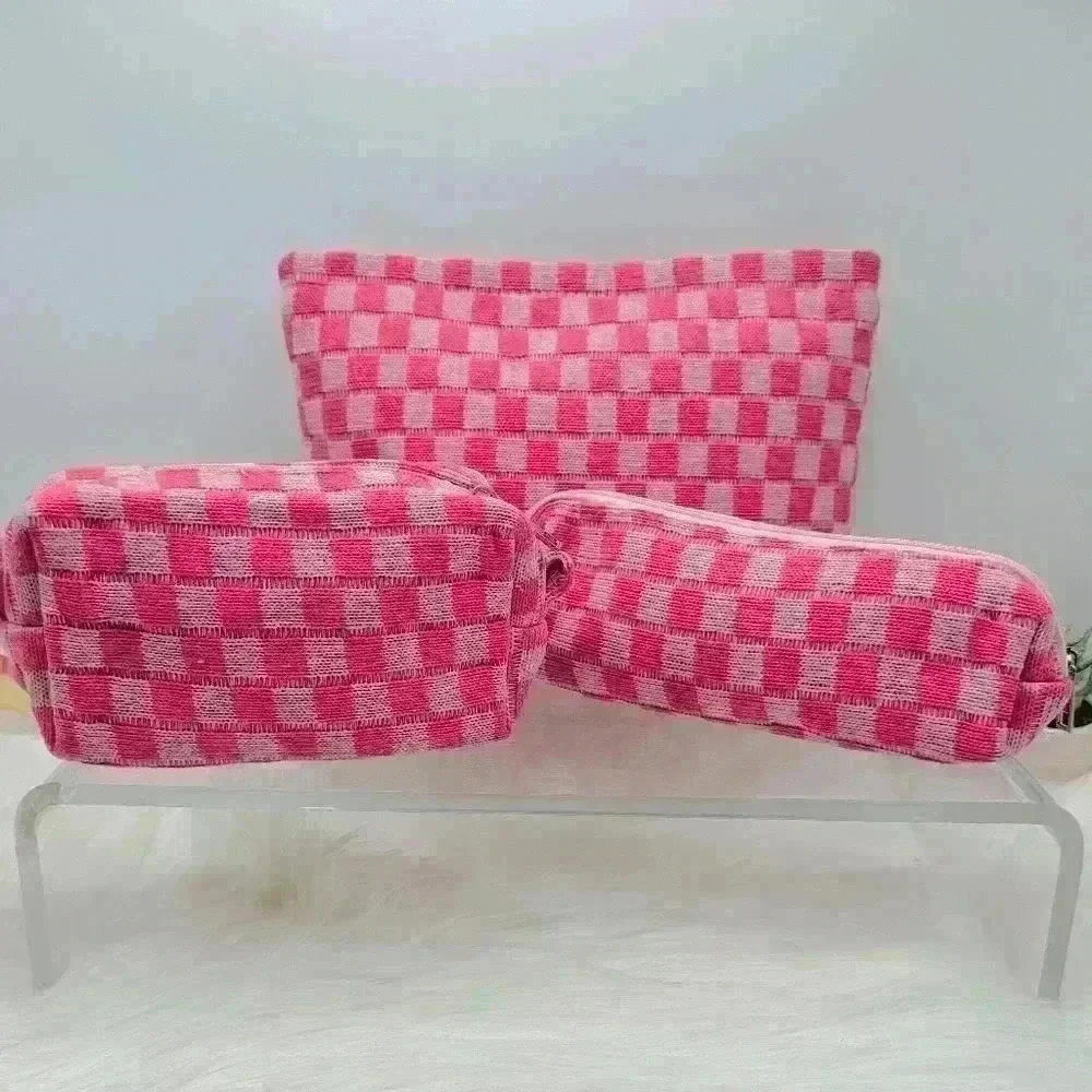 Pink Checkered Bundle Travel Cosmetic and or Pencil Pouches